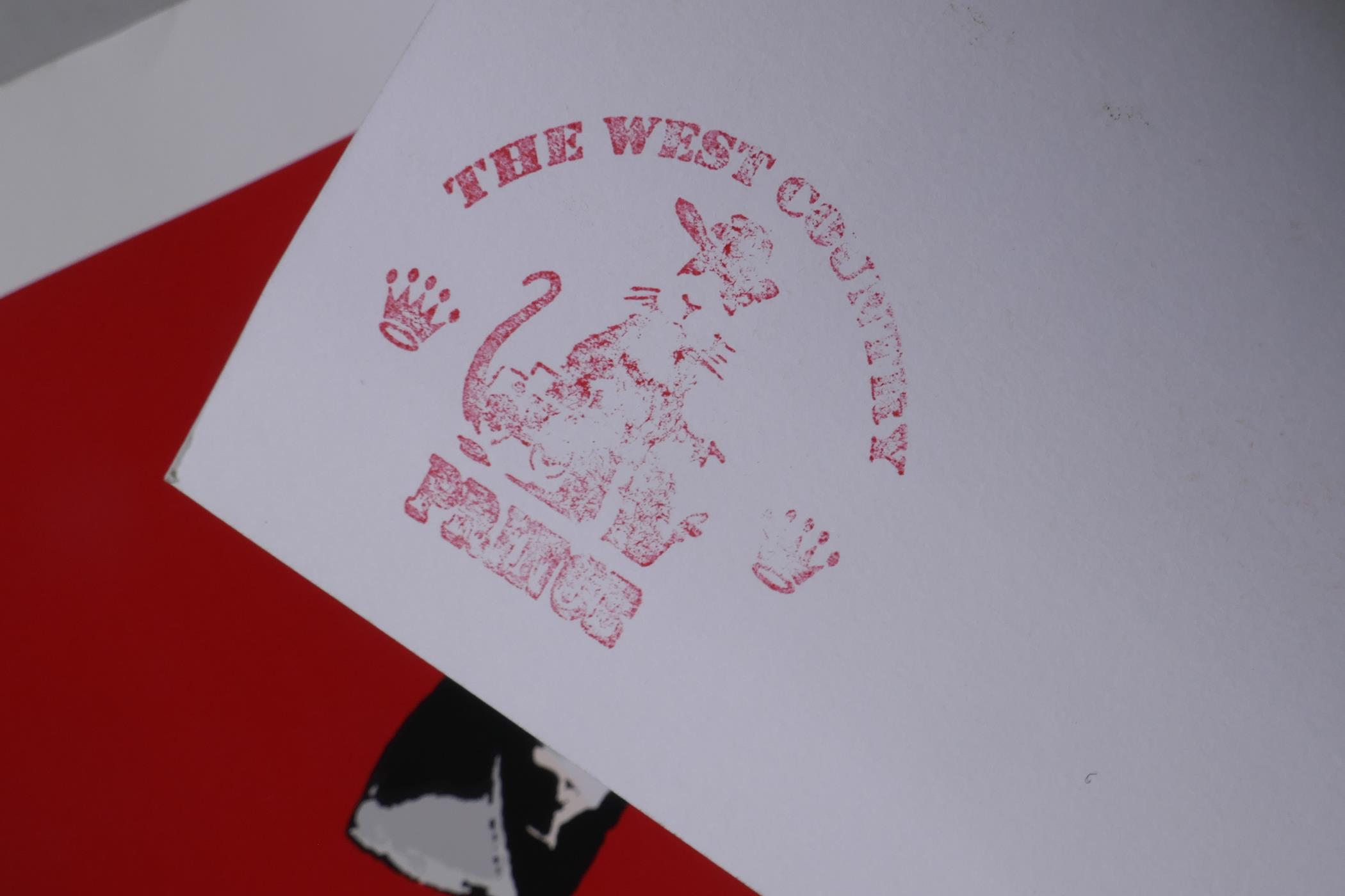 After Banksy, Choose Your Weapon (red), limited edition copy screen print, No 83/500, by the West - Image 3 of 4