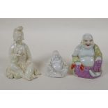 A Chinese blanc de chine porcelain Guan Yin, together with a smaller blanc de chine Buddha and a