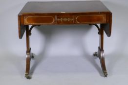 A C19th brass inlaid rosewood sofa table with two frieze drawers, repairs, 150 x 71cm, 75cm high