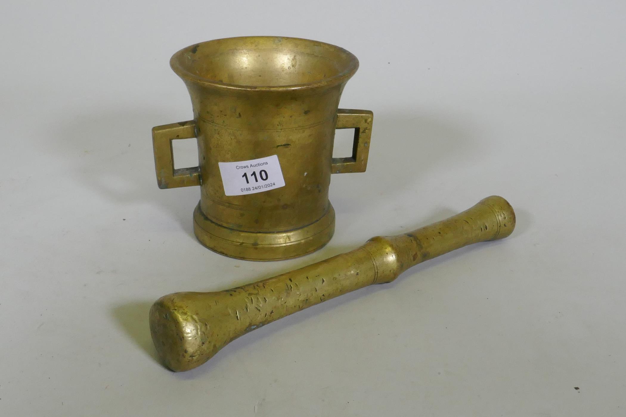 Antique bronze pestle and mortar, pestle 25cm long