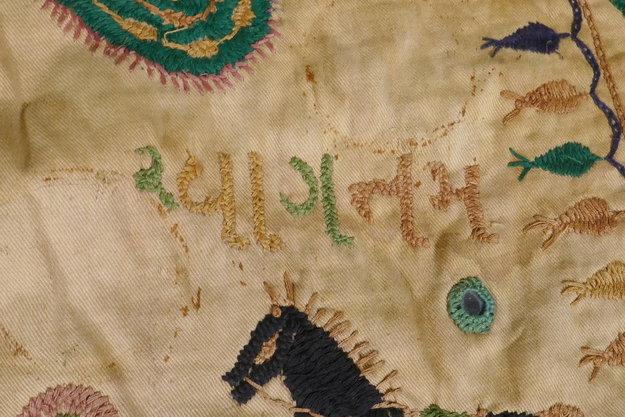 A C19th Indian embroidered wall hanging decorated with depictions of Ganesh, peacocks, elephants, - Image 6 of 9
