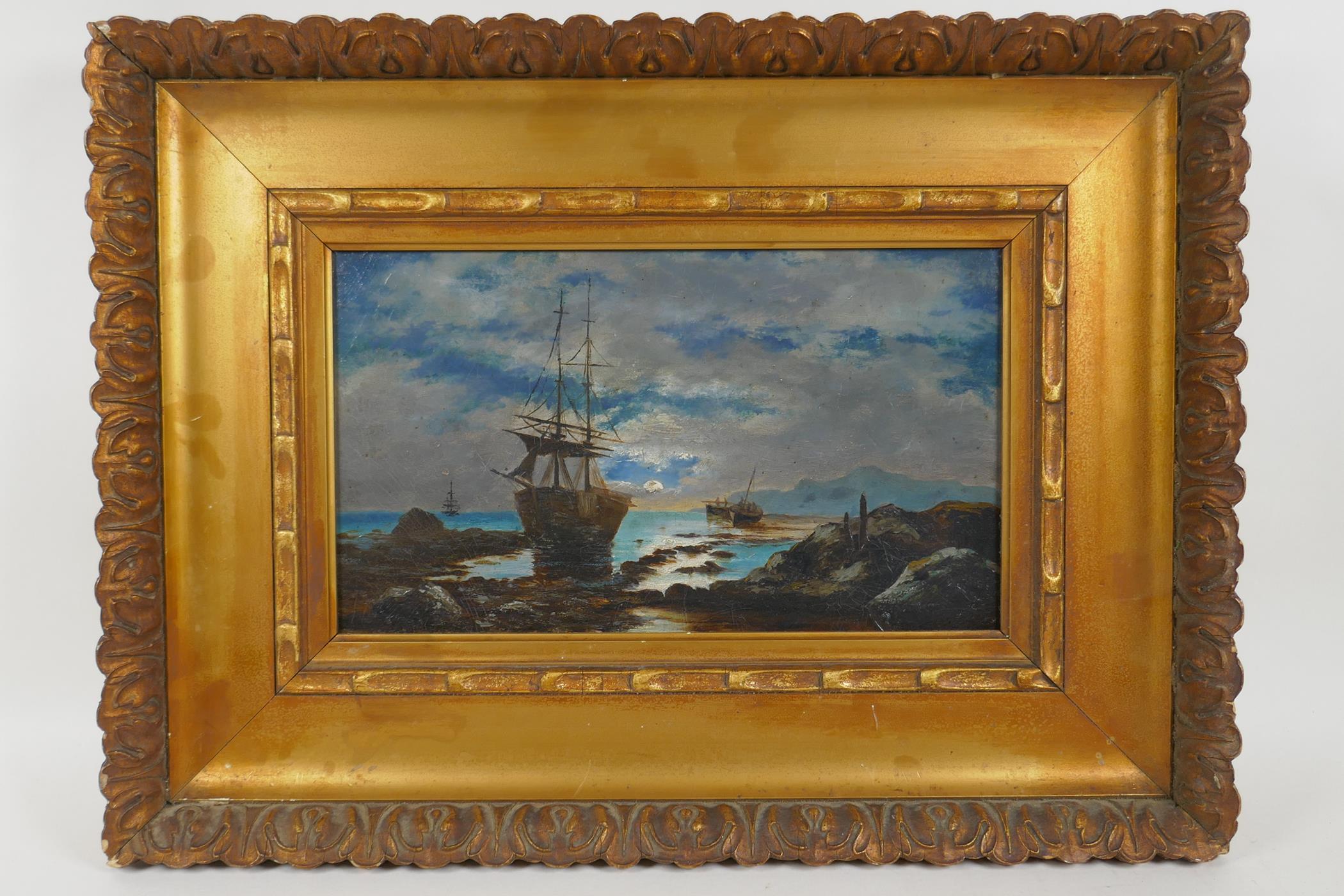 Boats in a moonlit coastal inlet, C19th oil on millboard, 17 x 29cm - Image 2 of 3