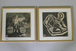 A pair of oriental woodcut/screen prints, nuder under a crescent moon, and a woman market trader,