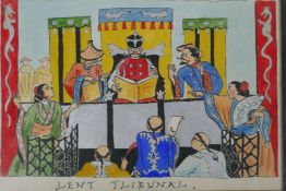 An antique hand coloured Chinese print of a noble and petitioners, titled 'Lent Tribunal'?, 22 x