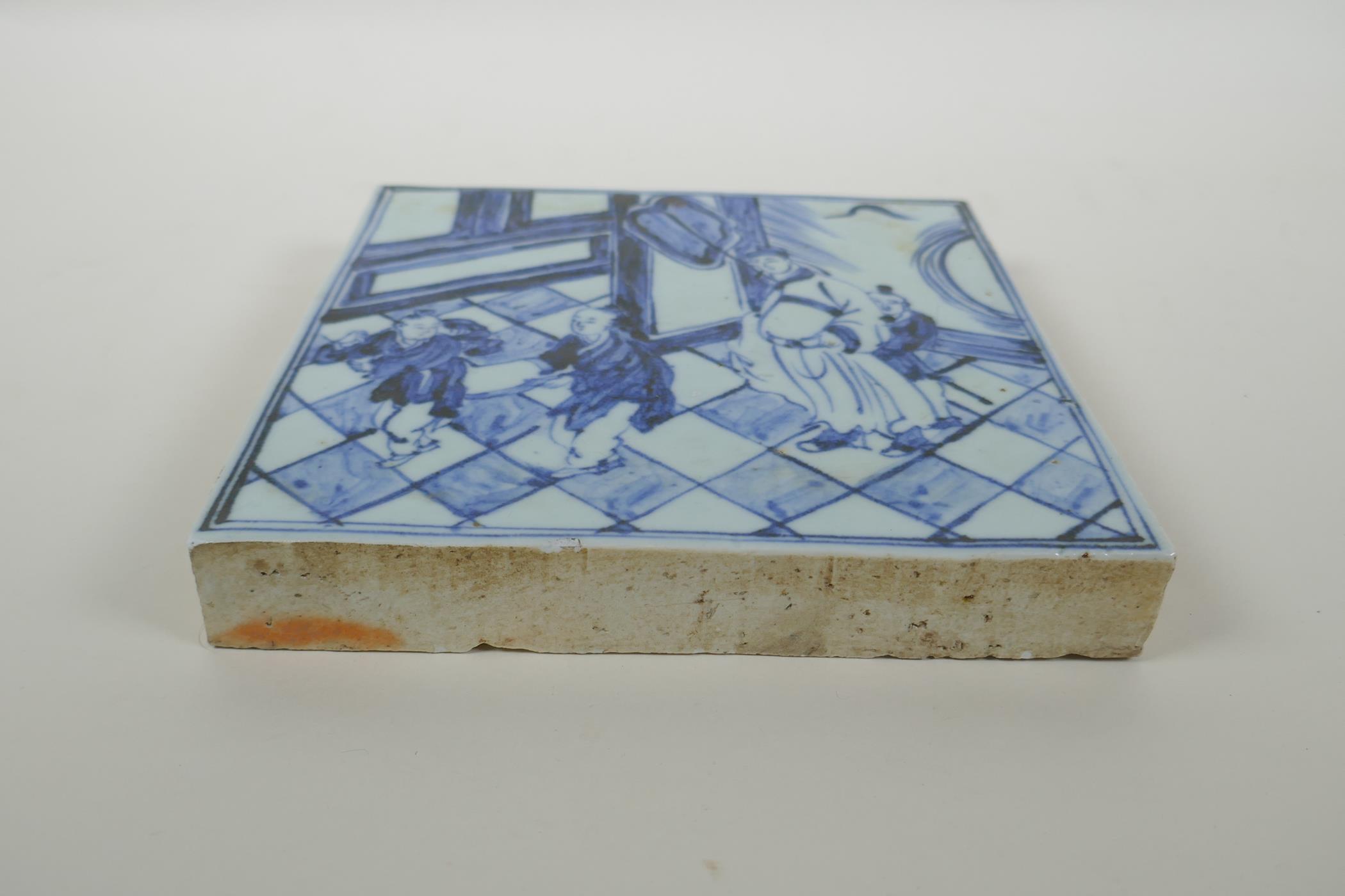 A Chinese blue and white porcelain temple tile depicting a scholar and children, 20 x 20cm - Image 2 of 3