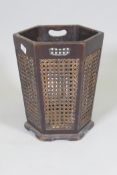 Antique wood waste paper basket with cane panels, 37cm high