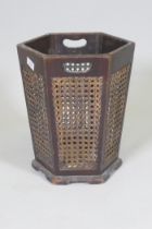 Antique wood waste paper basket with cane panels, 37cm high