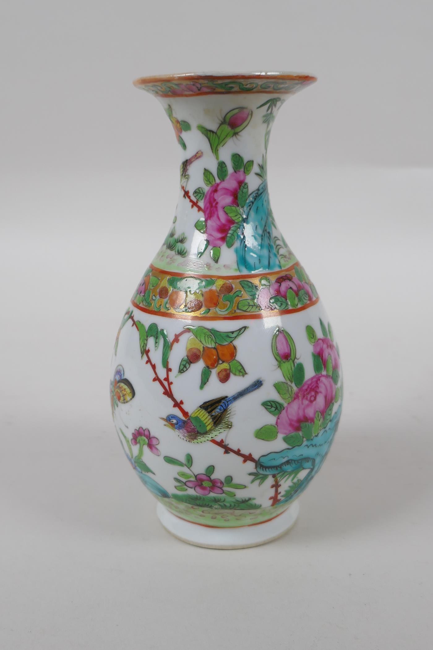 A late C19th Cantonese famille vert porcelain vase decorated with birds and butterflies amongst - Image 3 of 7