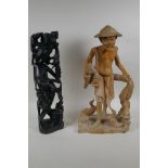 A Balinese carved hardwood figure of a dancer, and an oriental carved wood figure of a duck