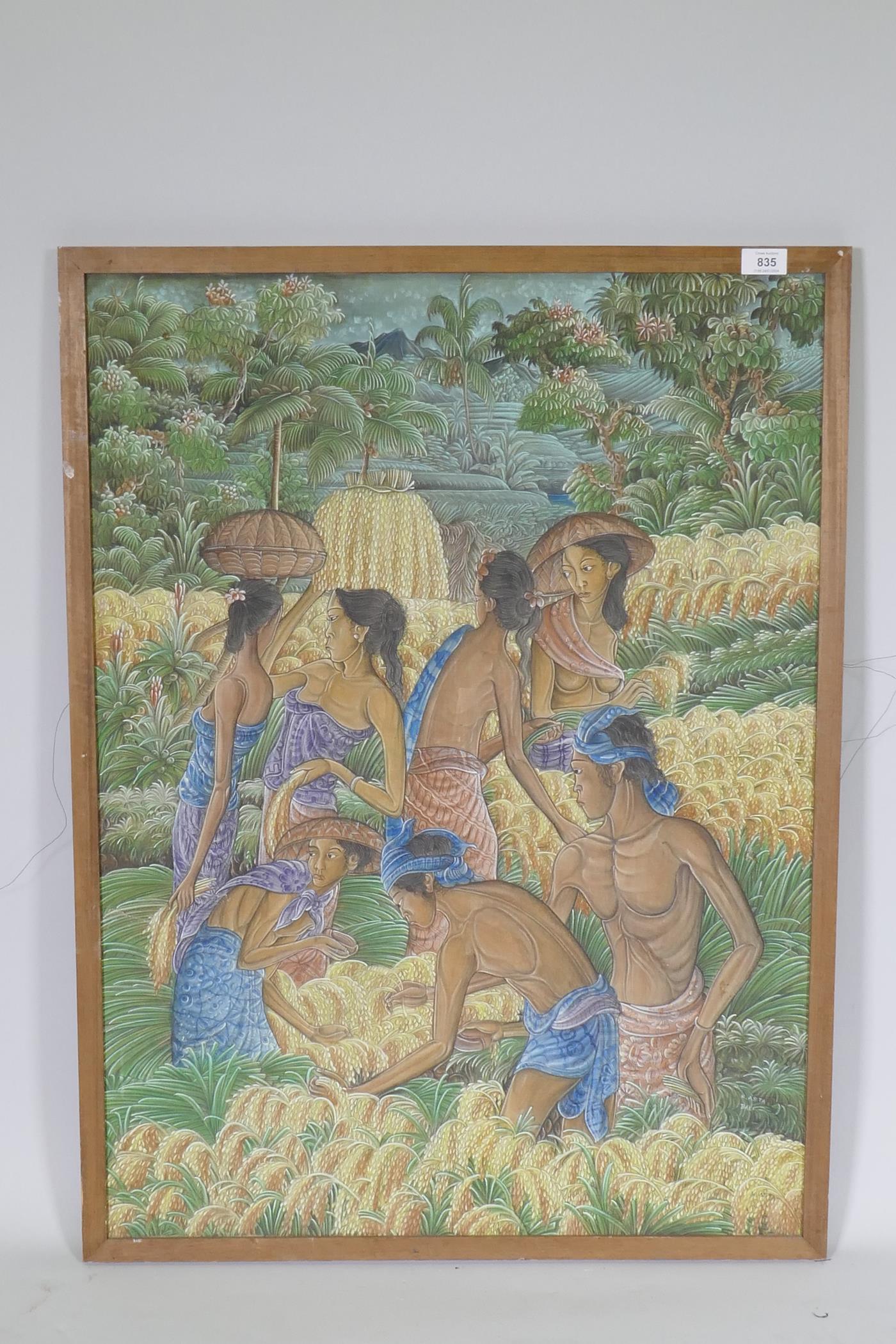 K. Asta, Balinese landscape with harvesters, signed K. Asta, Bali, oil/acrylic o n canvas, 63 x 86cm - Image 2 of 4