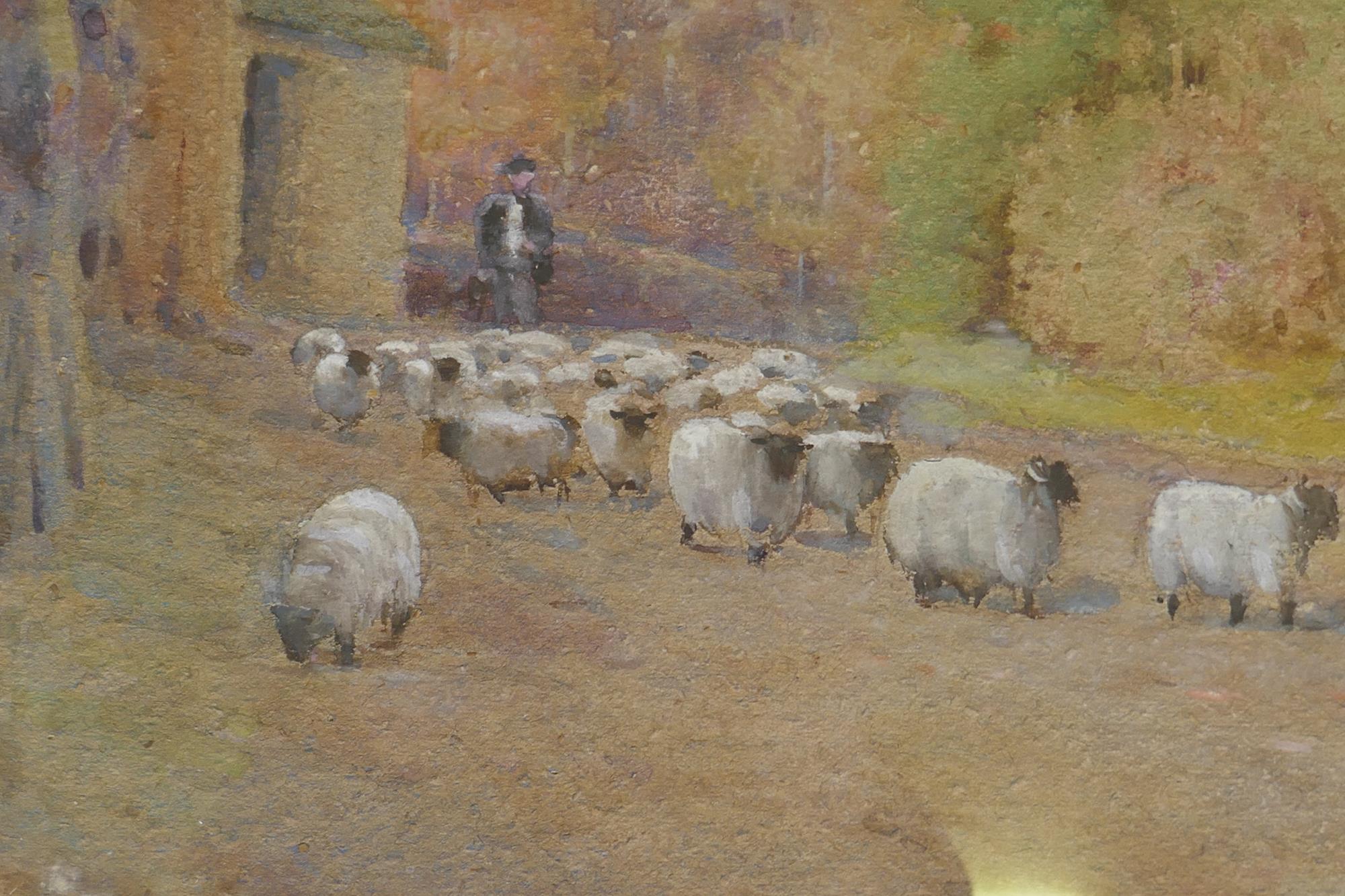 Shepherd driving his flock through a village, watercolour, unsigned, framer's label verso, R. - Image 2 of 5