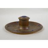 An antique gilt brass inkwell set with lapis lazuli cabochons, retailed by Leuchars of Piccadilly,