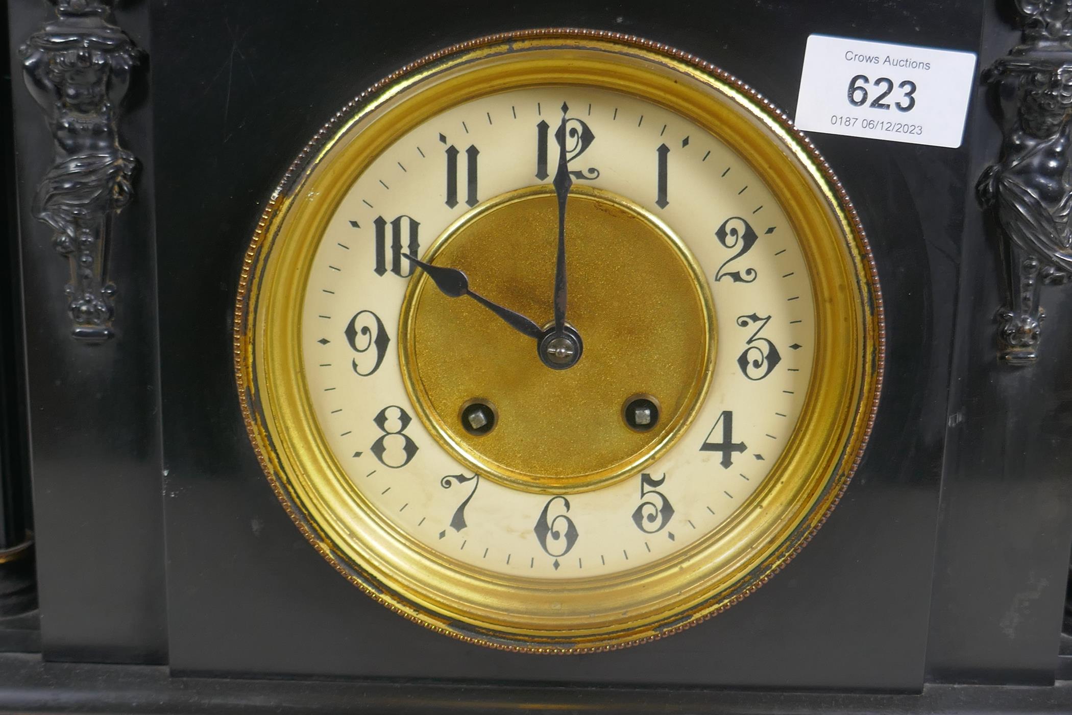 A C19th slate mantel clock of classical form, with carved decoration to the pediment and brass - Image 3 of 4
