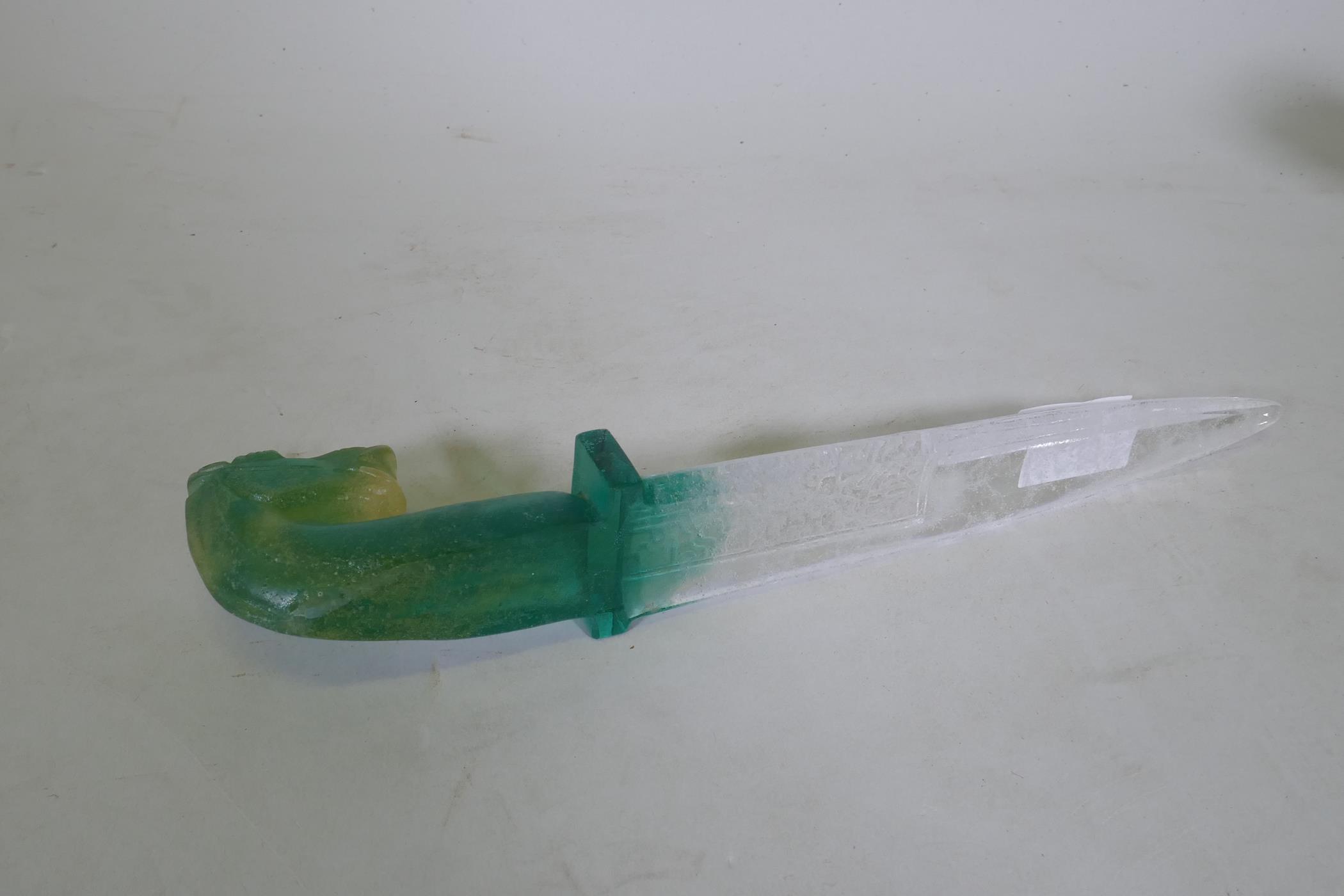 A crystal glass mould of a Chinese dagger with archaic style decoration, 30cm long - Image 3 of 3