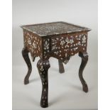 A Syrian mother of pearl, bone and metal inlaid side table with single drawer, 35 x 35cm, 45cm high