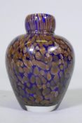 A blue glass vase with copper/gold aventurine inclusions, possibly Monart, 12cm high