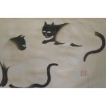 After van Minh Nguyen, two Siamese cats, print on silk with seal mark, 34 x 22cm