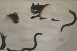 After van Minh Nguyen, two Siamese cats, print on silk with seal mark, 34 x 22cm