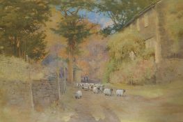 Shepherd driving his flock through a village, watercolour, unsigned, framer's label verso, R.