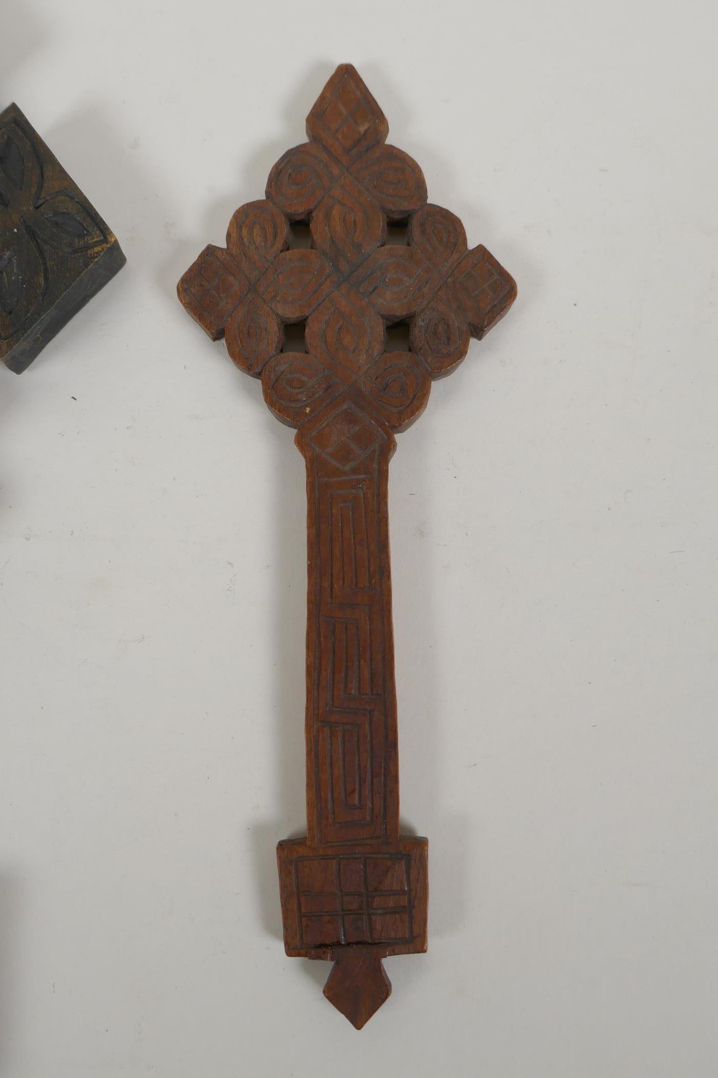 An African carved wood Coptic Cross and another smaller, 31cm - Image 3 of 3