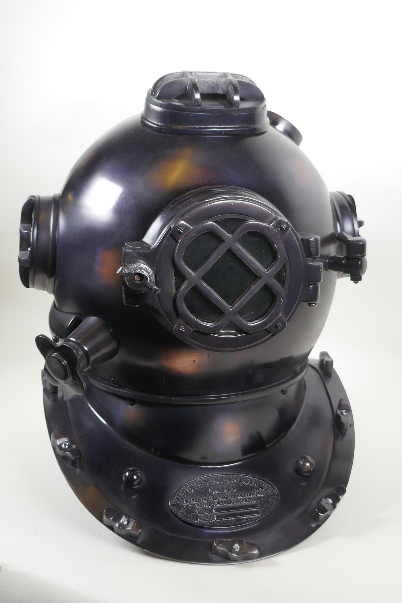 A decorative antiqued copper and brass 'US Naval Diving Helmet', 42cm high - Image 2 of 3