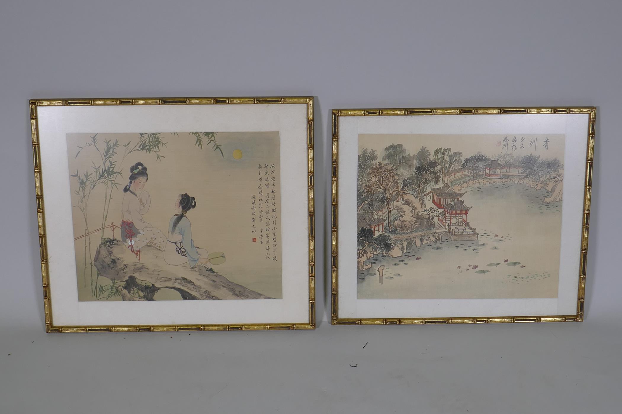 Chinese watercolour on silk, two women seated upon a rock, with inscription, 36 x 31cm, and - Image 6 of 6