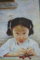Chinese contemporary school, portrait of a young girl with berries, unsigned, oil on canvas laid