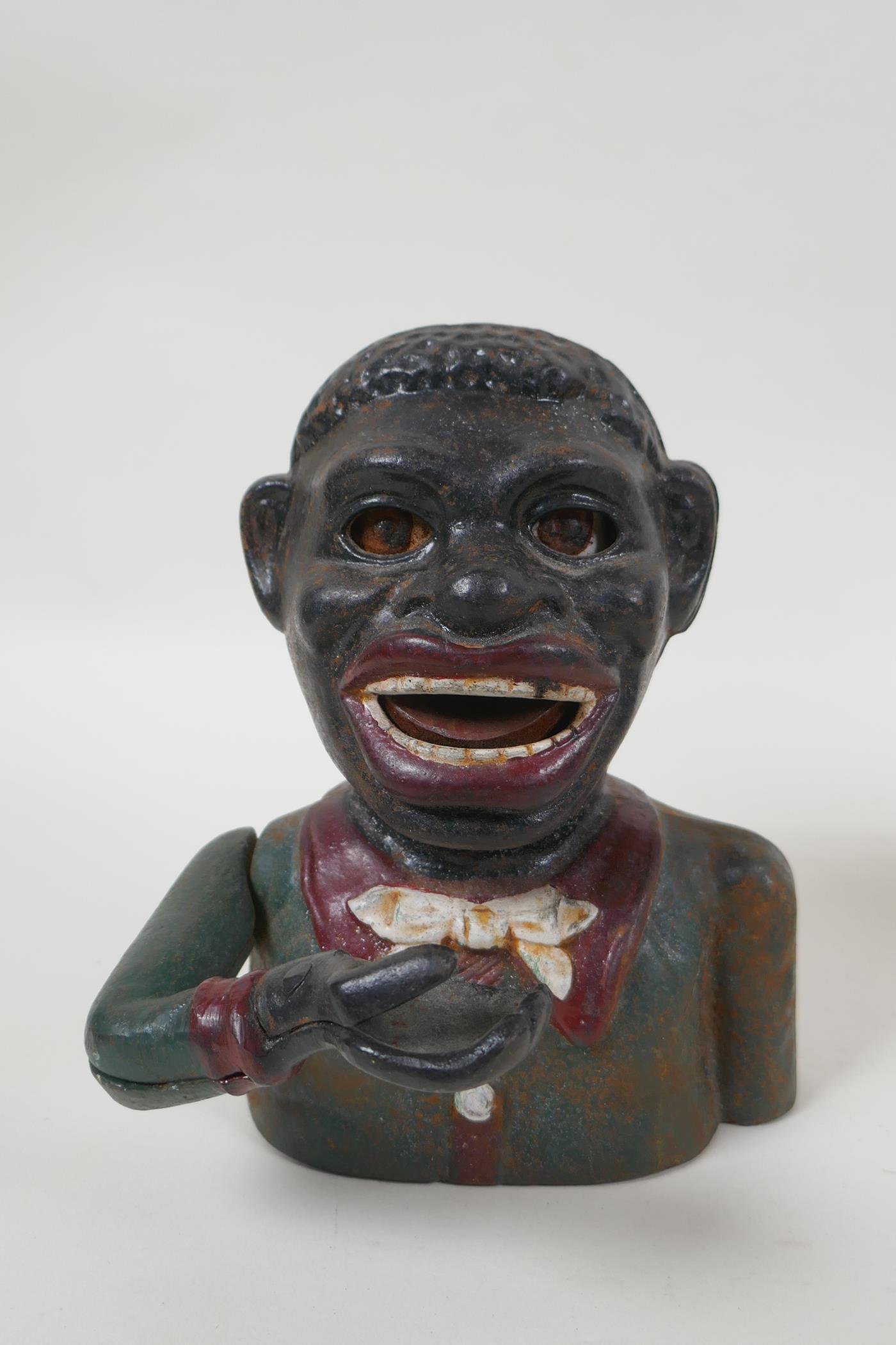 A vintage American painted cast iron mechanical figural money box and another similar, largest - Image 2 of 7