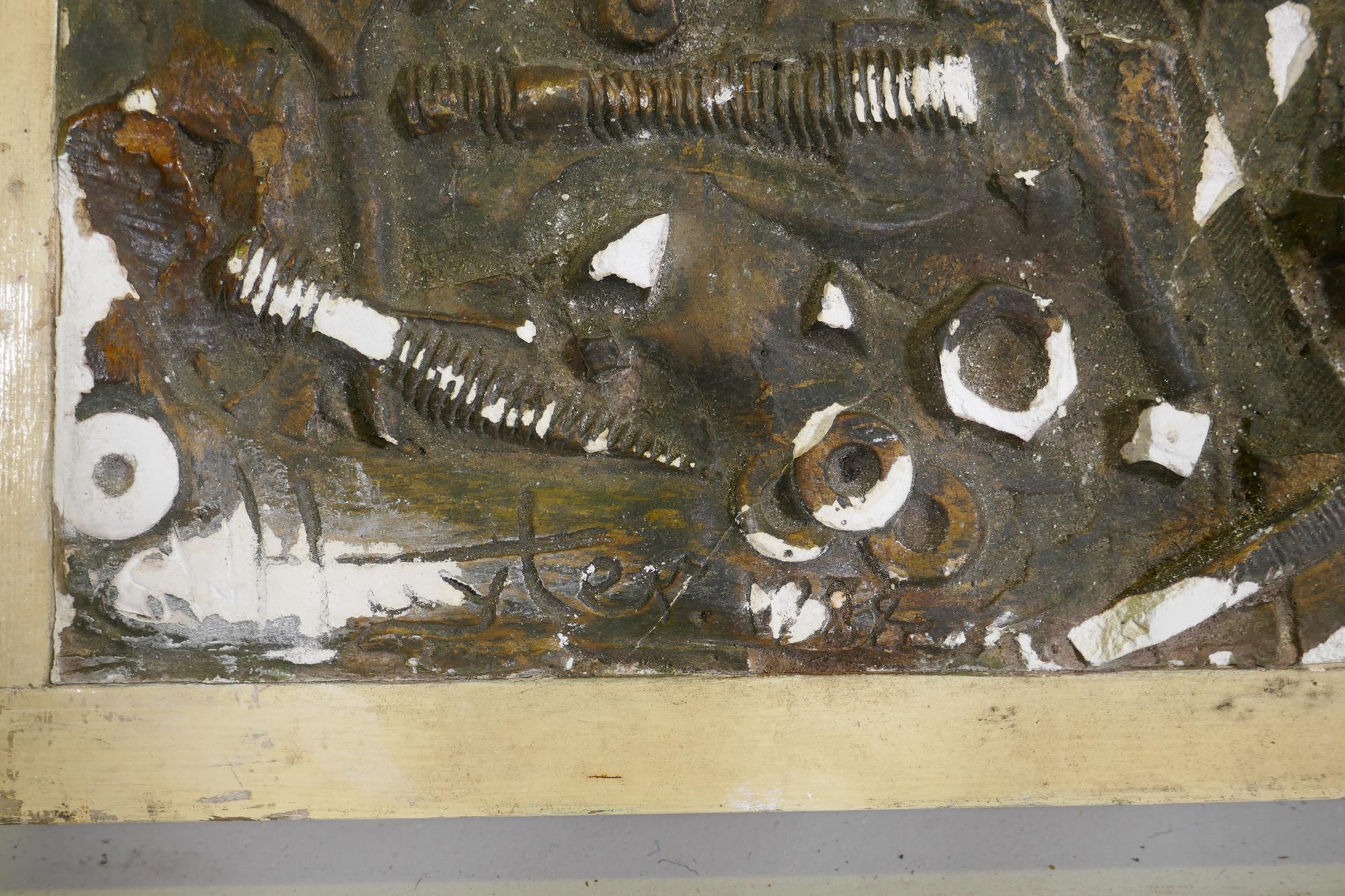 An abstract plaster relief plaque using found items, signed Hayter 1969, possibly Stanley William - Image 4 of 12