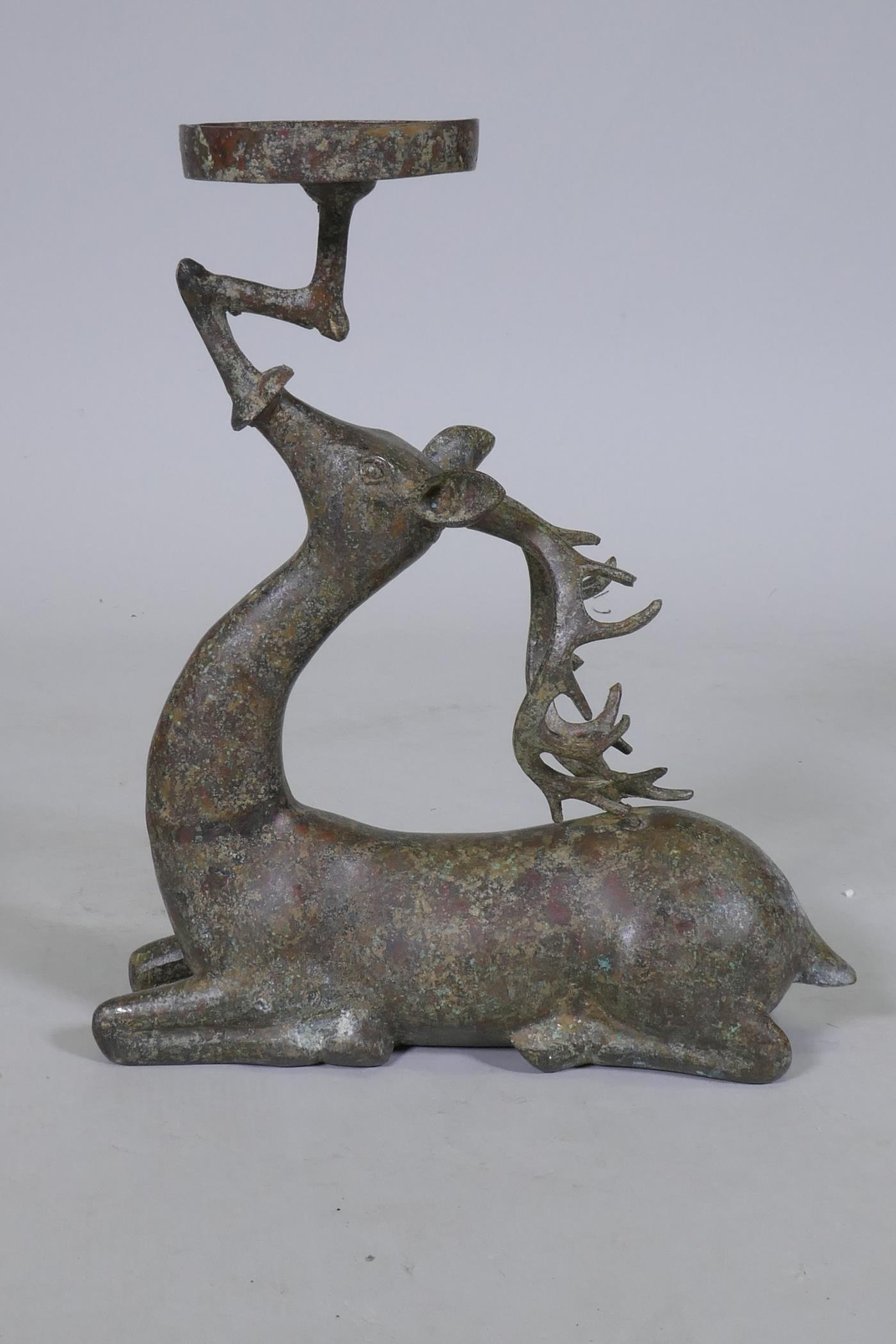 An Eastern patinated bronze censer in the form of a deer, 33cm high - Image 3 of 5
