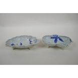 A Japanese Meiji period blue and white porcelain sauce bowl in the form of peaches, and another in