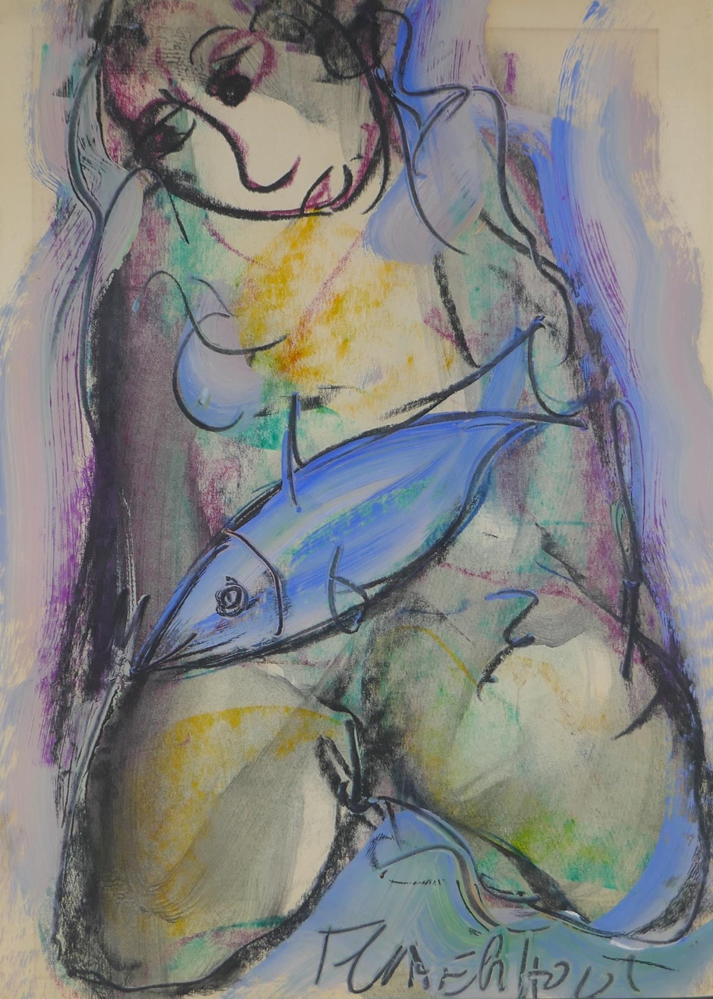 Frans Claerhout, (Belgian, 1914-2006), girl with fish, mixed media, 40 x 29cm