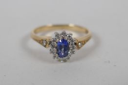 A 9ct gold, sapphire and diamond cluster ring, approx 0.1ct, approx size K