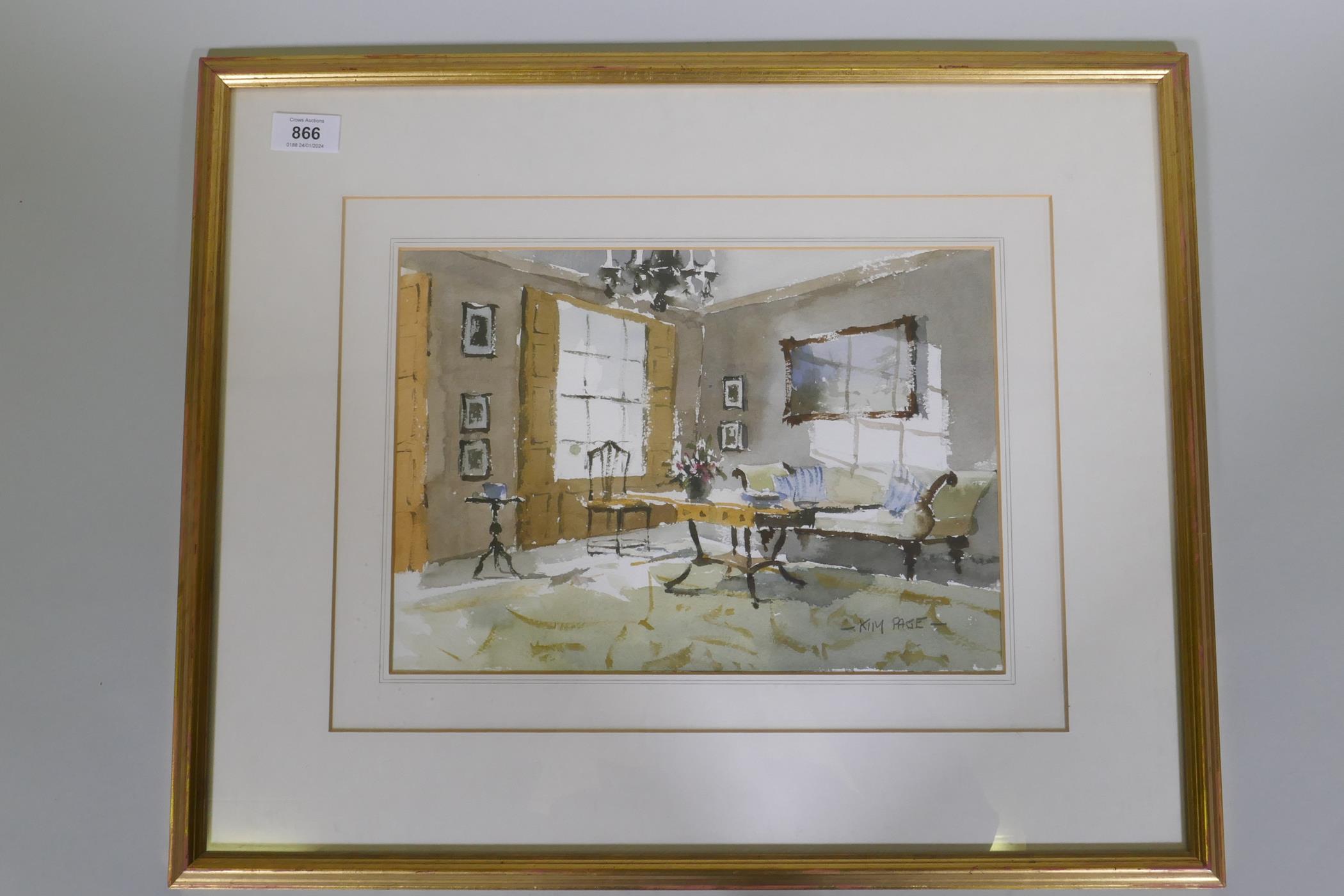 Kim Page, A Touch of Elegance, 96, watercolour of an interior, signed, stamped verso John Arthur - Image 2 of 5