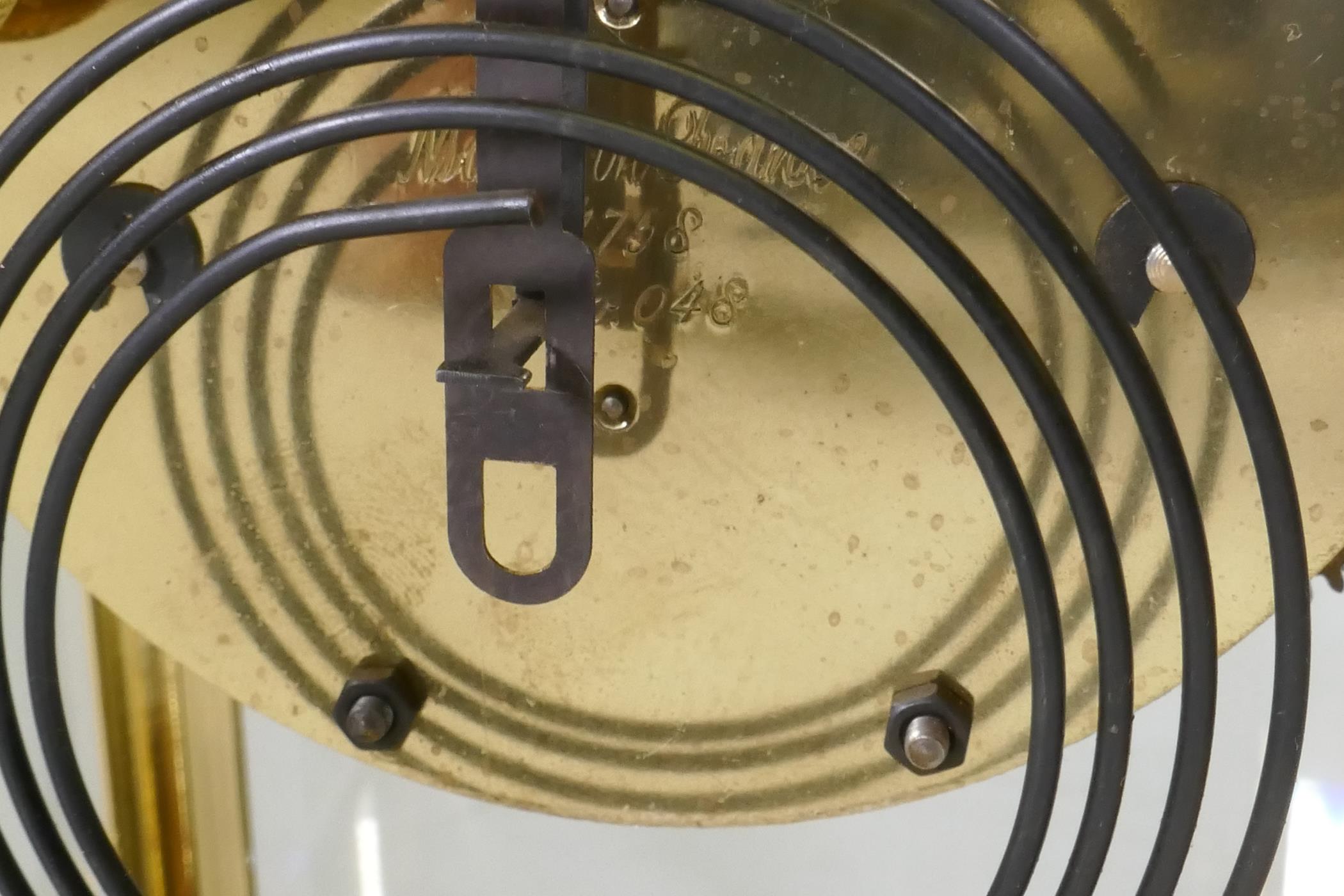 A polished brass four glass mantel clock with inset cloisonne panels, enamel dial and French - Image 4 of 7