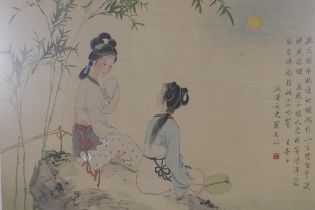 Chinese watercolour on silk, two women seated upon a rock, with inscription, 36 x 31cm, and