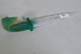 A crystal glass mould of a Chinese dagger with archaic style decoration, 30cm long