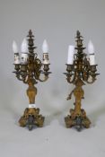 A pair of ormolu and bronze four branch candelabra lamps, one arm AF, 58cm high