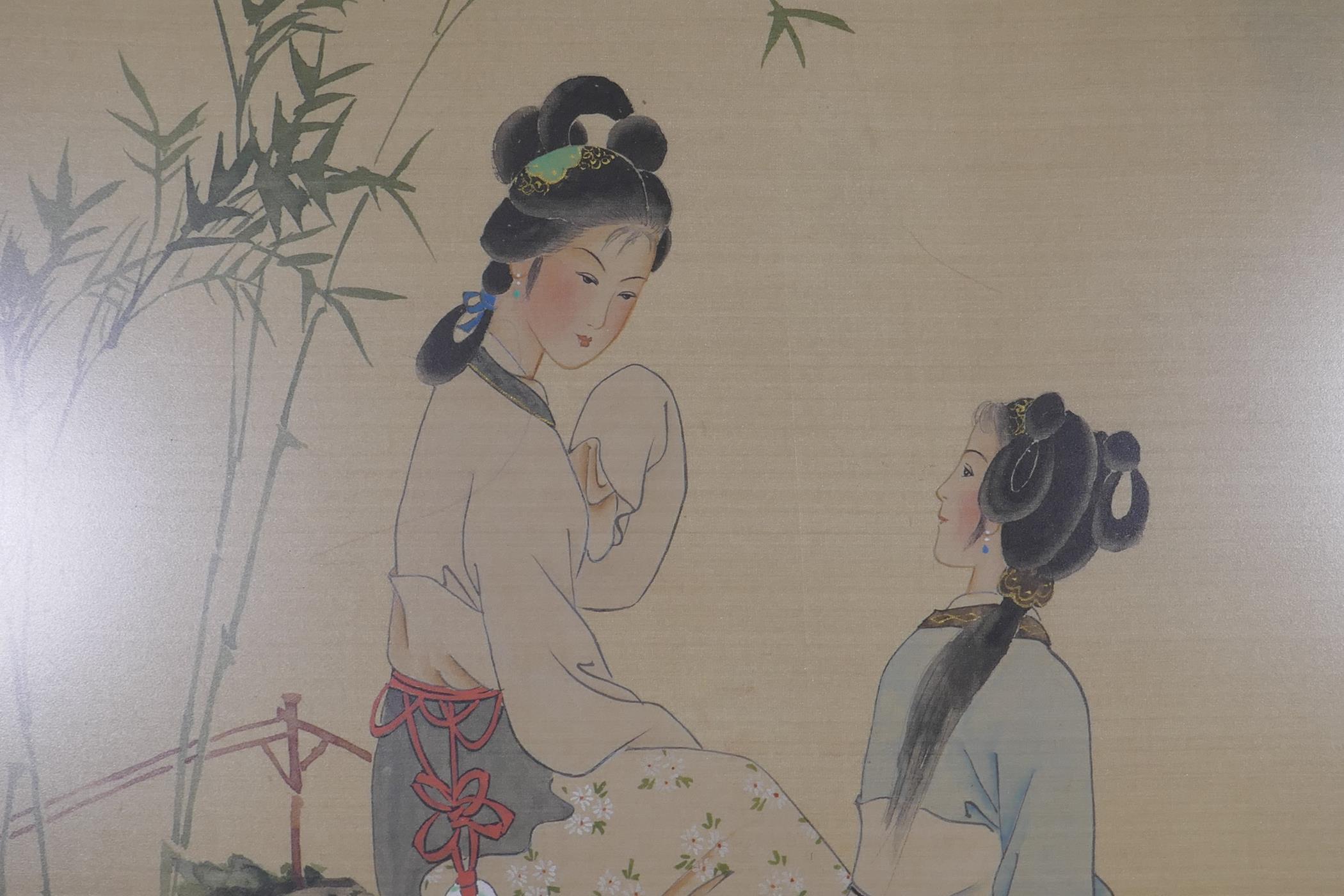 Chinese watercolour on silk, two women seated upon a rock, with inscription, 36 x 31cm, and - Image 3 of 6