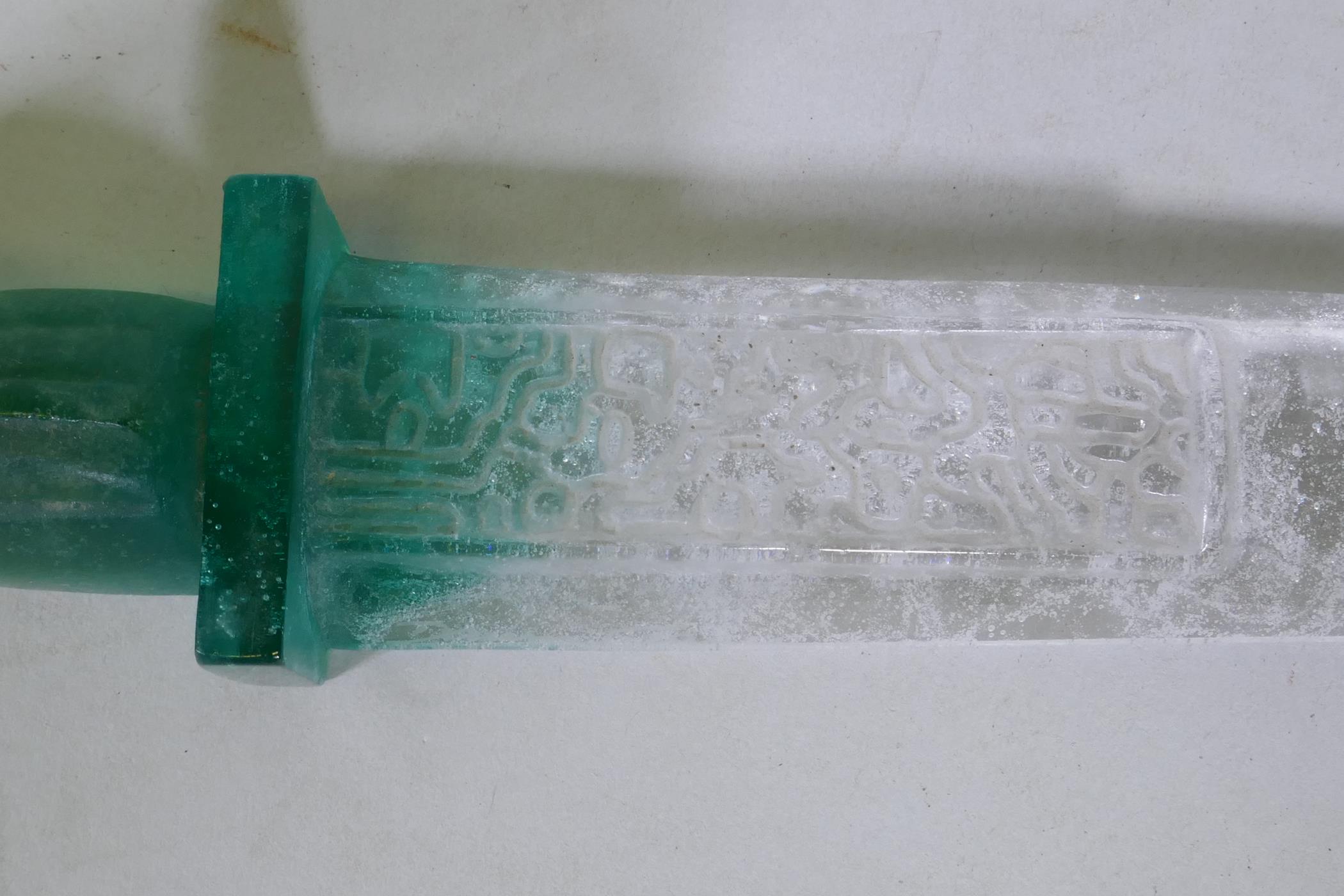 A crystal glass mould of a Chinese dagger with archaic style decoration, 30cm long - Image 2 of 3