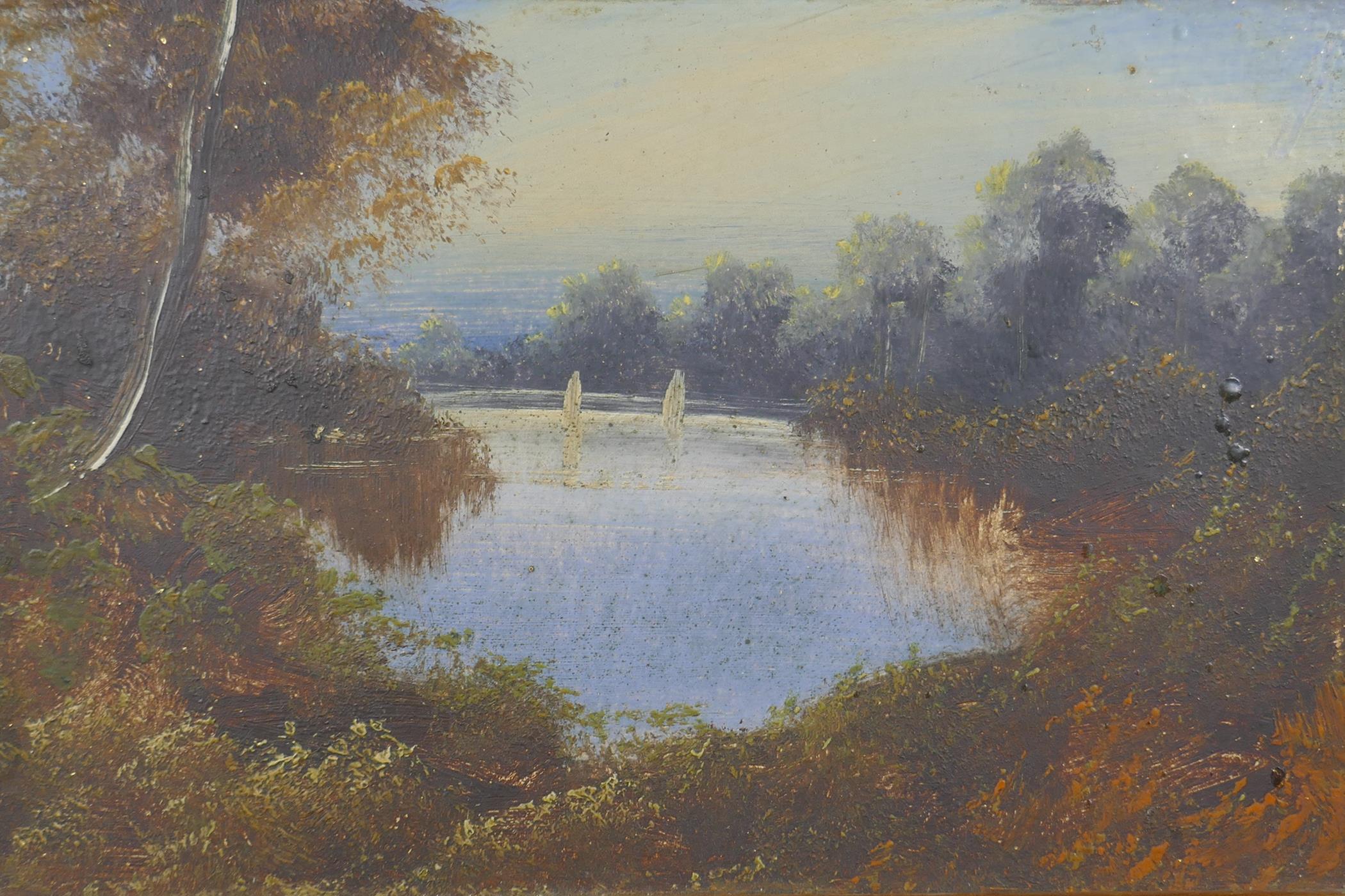 A pair of antique oils on card, rural landscape scenes, in gilt frames, 28 x 18cm - Image 2 of 5