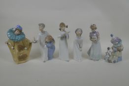 Four Lladro figures of children, another of a clown, and a Nao figure of a clown, largest 20cm, AF