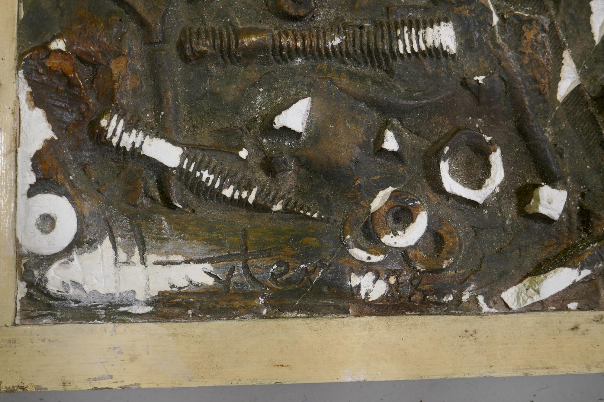 An abstract plaster relief plaque using found items, signed Hayter 1969, possibly Stanley William - Image 5 of 12