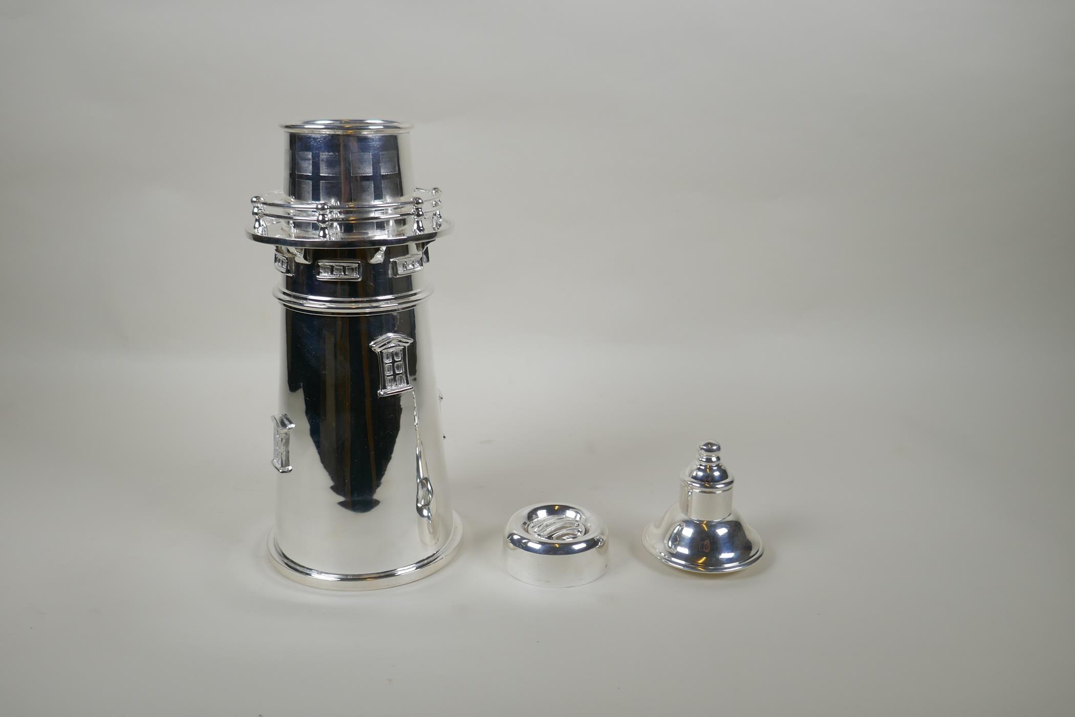 A silver plated cocktail shaker in the form of a lighthouse, 34cm high - Image 2 of 3