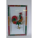 A double glazed panel with stained glass Dorking Cockerel decoration, 56 x 92cm