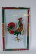 A double glazed panel with stained glass Dorking Cockerel decoration, 56 x 92cm