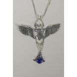 A sterling silver pendant necklace in the form of a winged beetle, 9cm wide