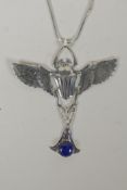 A sterling silver pendant necklace in the form of a winged beetle, 9cm wide