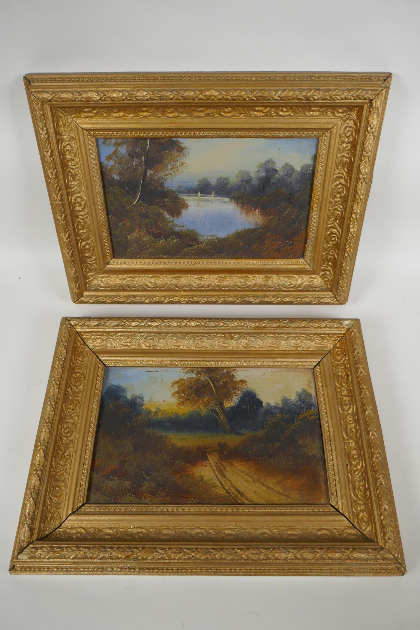 A pair of antique oils on card, rural landscape scenes, in gilt frames, 28 x 18cm