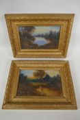 A pair of antique oils on card, rural landscape scenes, in gilt frames, 28 x 18cm